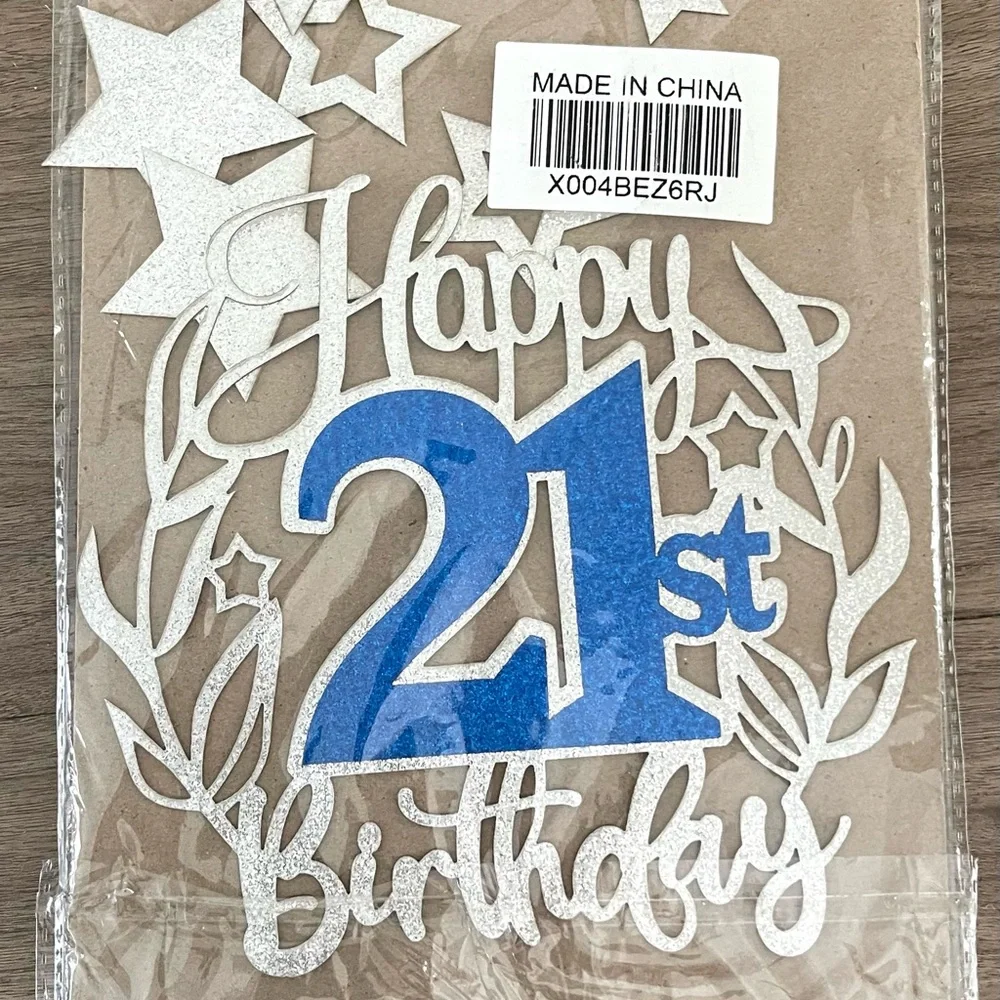 Blue and Silver 21st Birthday Cake Topper